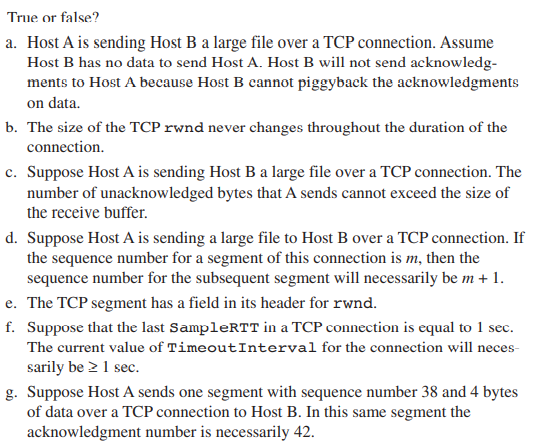 True Or Falsea Host A Is Sending Host B Large File Over Tcp Connection ...